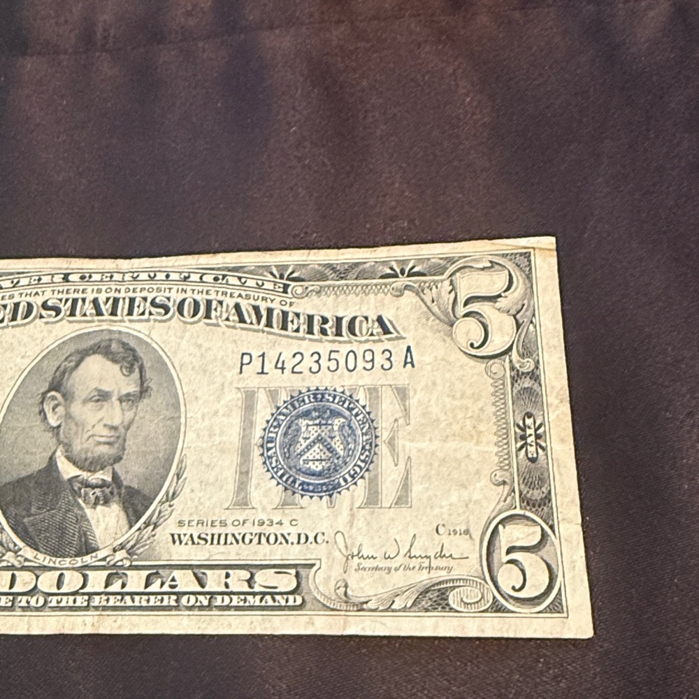 $5 Silver Certificate, series 1934C with a blue seal. Serial number P14235083A. - Picture 3 of 4